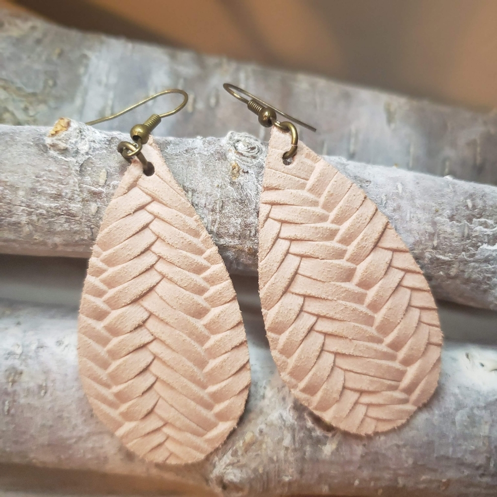 Braided Pale Pink LEATHER Earrings